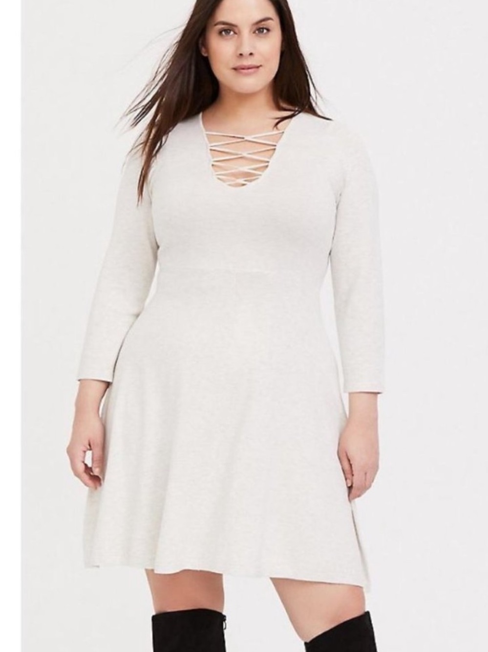 Torrid dress gray long sleeve v-neck lace up skater dress